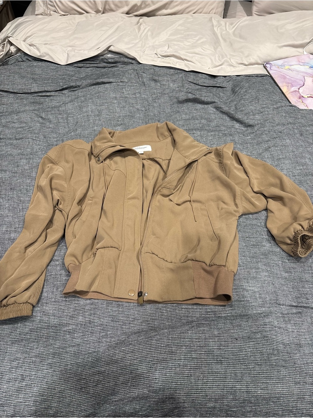 Lightweight Tan Bomber Jacket with Rib Hem